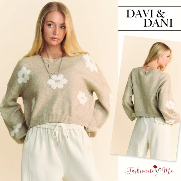 DAVI & DANI Sweaters - Davi & Dani Floral Pattern Drop Shoulder Long Sleeves Cropped Sweater | Tan
